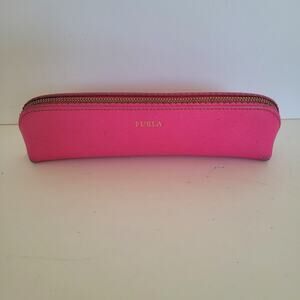 Furla Women's Pink Saffiano Leather Pencil Case Cosmetic Pouch Zipper Closure